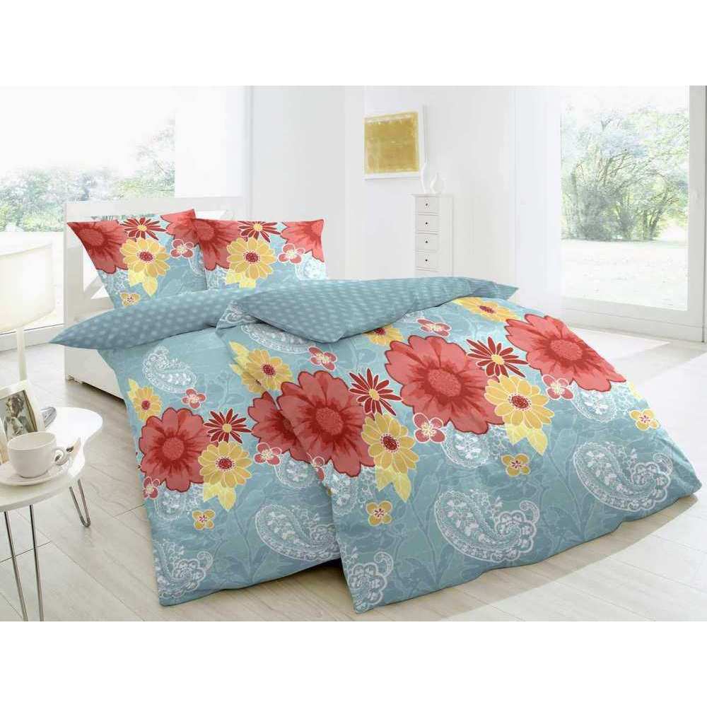 Renforcé Bettwäsche Türkis Rot Blumen 135x200 cm + 80x80 cm