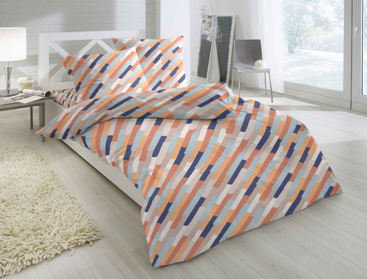 Hahn Feinbiber Bettwäsche Striche Orange Blau