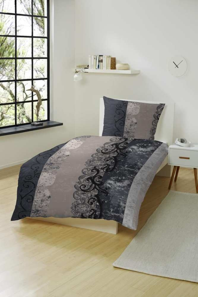 Hahn Edelflanell Bettwäsche Ornamente Grau Schwarz