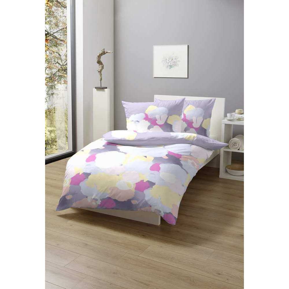 Hahn Baumwoll Satin Bettwäsche Farbtupfer Hellblau Weiß Lila Rosa