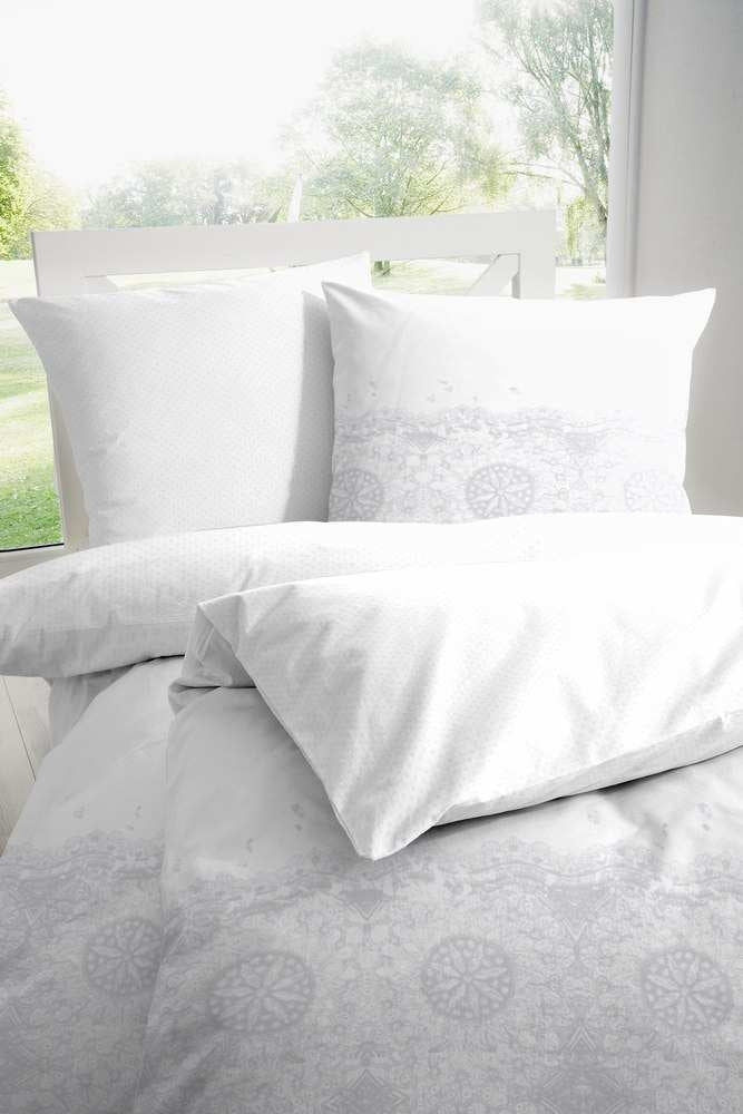 Hahn Baumwoll Satin Wende Bettwäsche Ornamente Punkte Blau Weiss Grau