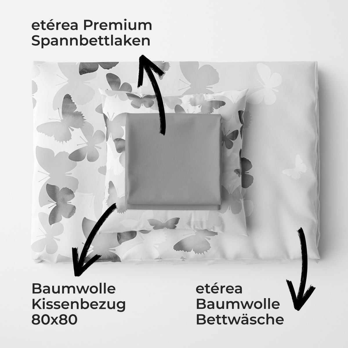 etérea Premium Mako-Satin Bundle Lilu Grau Bettwäsche + Spannbettlaken 135x200 + 140x200