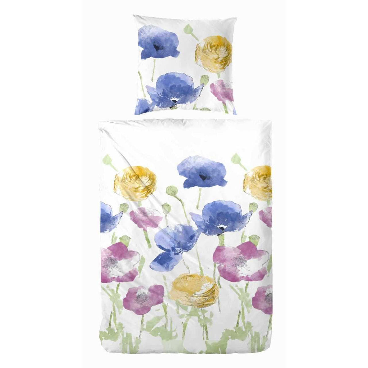 Sonderposten Satin Bettwäsche Blumen Weiß Blau 135x200 cm + 80x80 cm