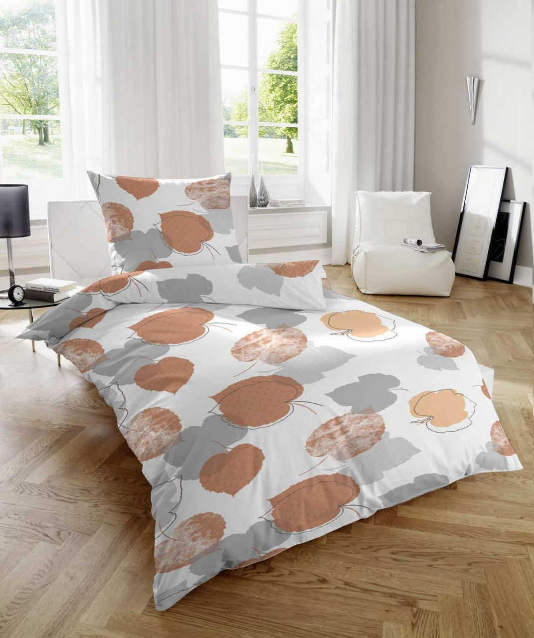 Feinbiber Bettwäsche Blätter Weiß Orange 155x220 cm + 80x80 cm