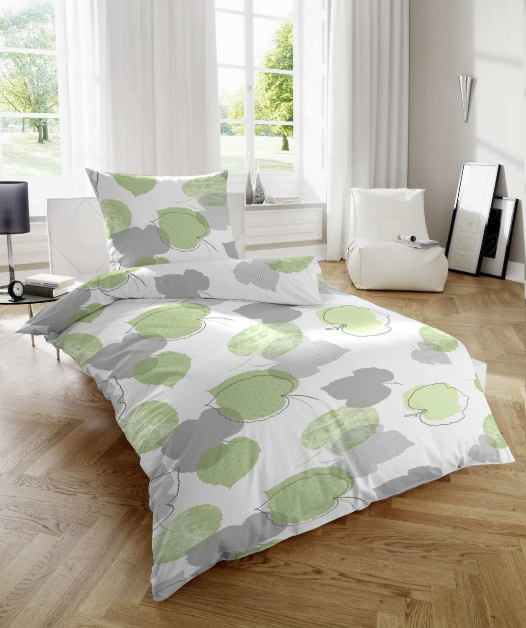 Feinbiber Bettwäsche Blätter Weiß Grün 155x220 cm + 80x80 cm