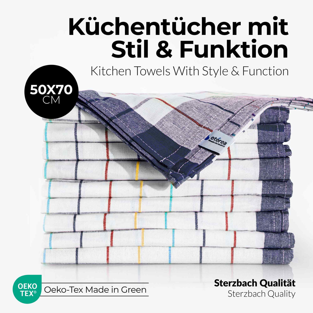 Sterzbachs 10er Set Premium Geschirrtücher Baumwolle Kariert 200 GSM 50x70 cm