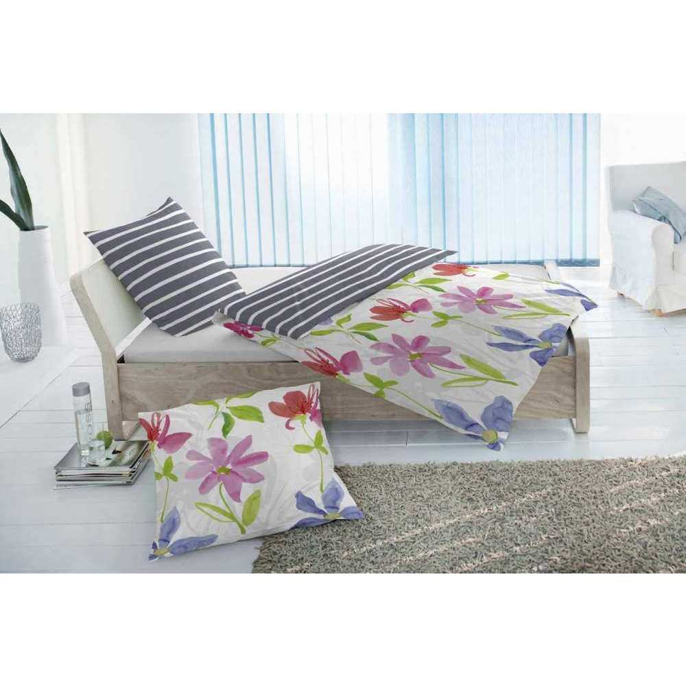 Renforcé Wendebettwäsche Grau Blau Rot Blumen 135x200 cm + 80x80 cm