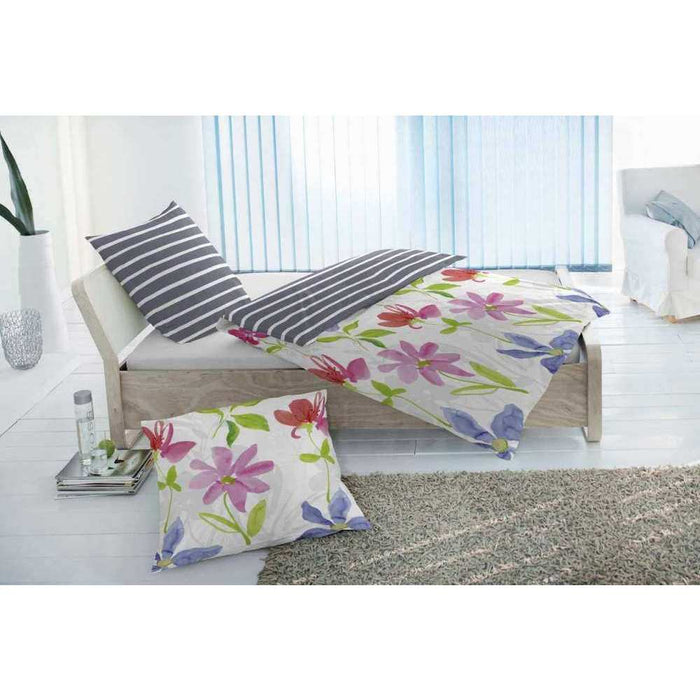 Renforcé Wendebettwäsche Grau Blau Rot Blumen 135x200 cm + 80x80 cm
