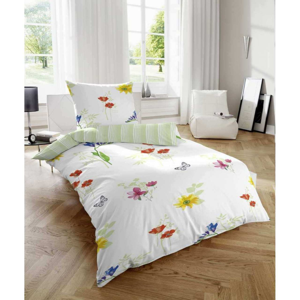 Renforcé Wendebettwäsche Grün Weiß Blumen 155x220 cm + 80x80 cm