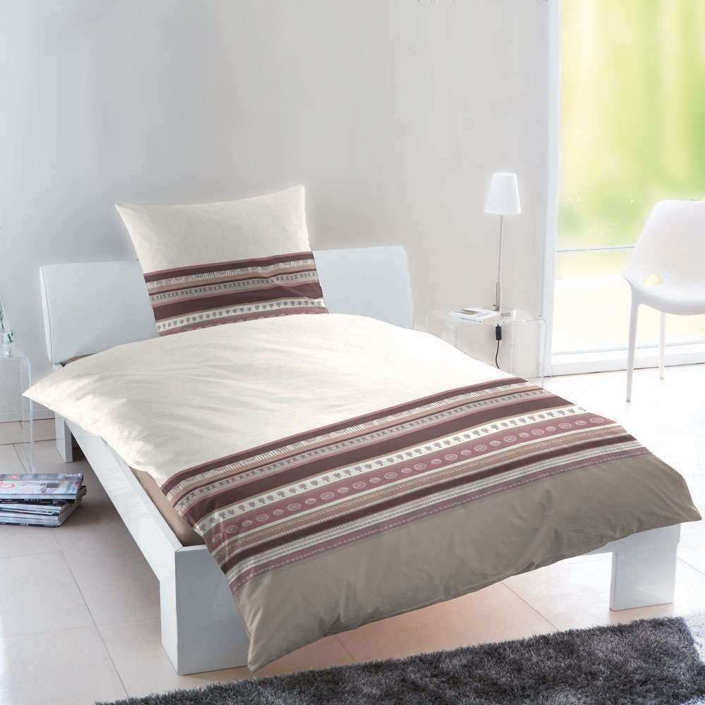 Edelflanell Baumwolle Bettwäsche Beige Braun Gestreift 155x220 + 80x80