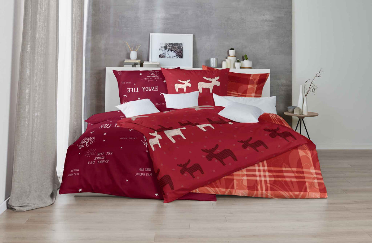 Hahn Edelflanell Bettwäsche Rot Winter Hirsche