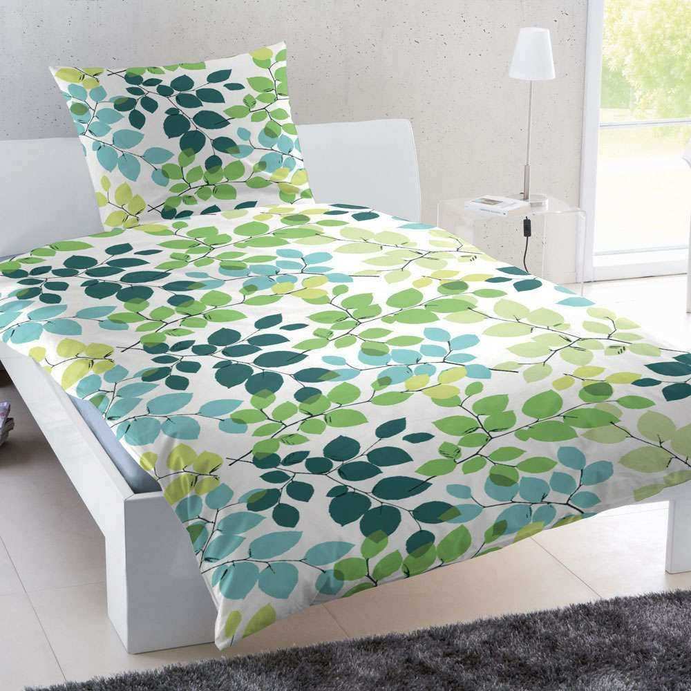 Baumwolle Seersucker Bettwäsche Weiß Grün Blüten 155x220 cm + 80x80 cm