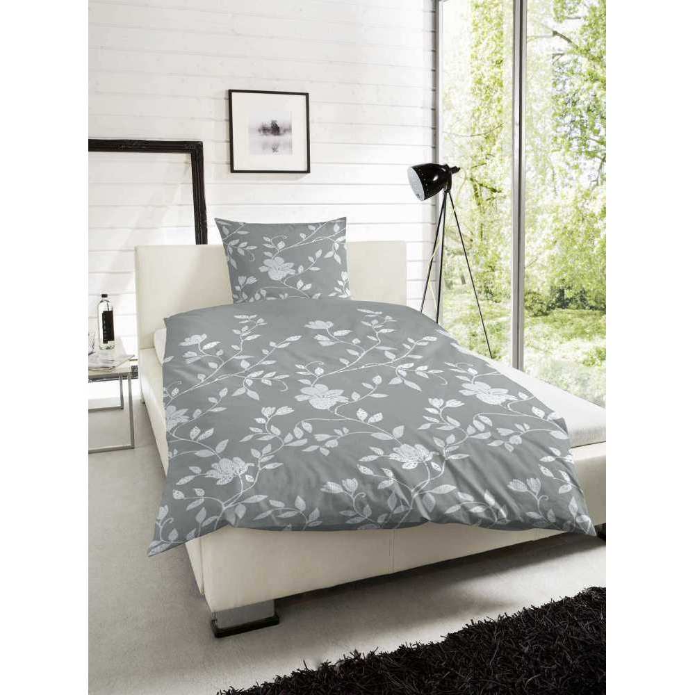 Satin Bettwäsche Blumen Grau 200x200 cm + 2Stk 80x80 cm