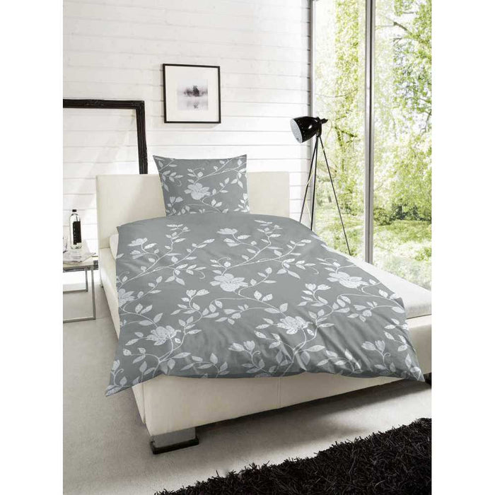 Satin Bettwäsche Blumen Grau 200x200 cm + 2Stk 80x80 cm
