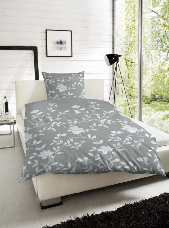 Satin Bettwäsche Blumen Grau 200x200 cm + 2Stk 80x80 cm