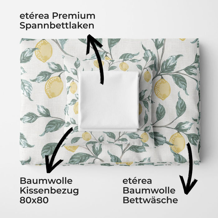etérea Premium Bundle Lemon Weiß Bettwäsche + Spannbettlaken 135x200 + 100x200