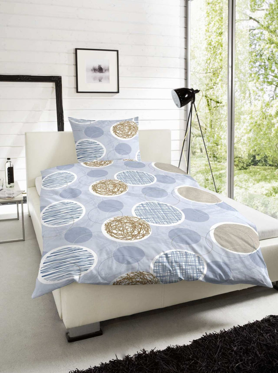 Feinbiber Bettwäsche Kreise Blau Braun 135x200 cm + 80x80 cm