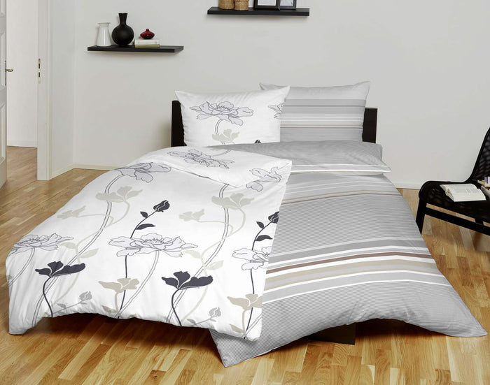 Hahn Satin Bettwäsche Grau Schwarz Blumen 135x200 cm + 80x80 cm