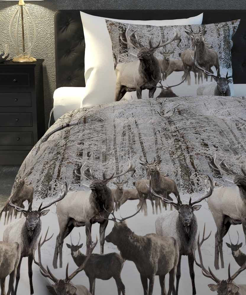 HNL Flanell Bettwäsche Hirsche Wald Ralph Grau 135x200 cm + 80x80 cm